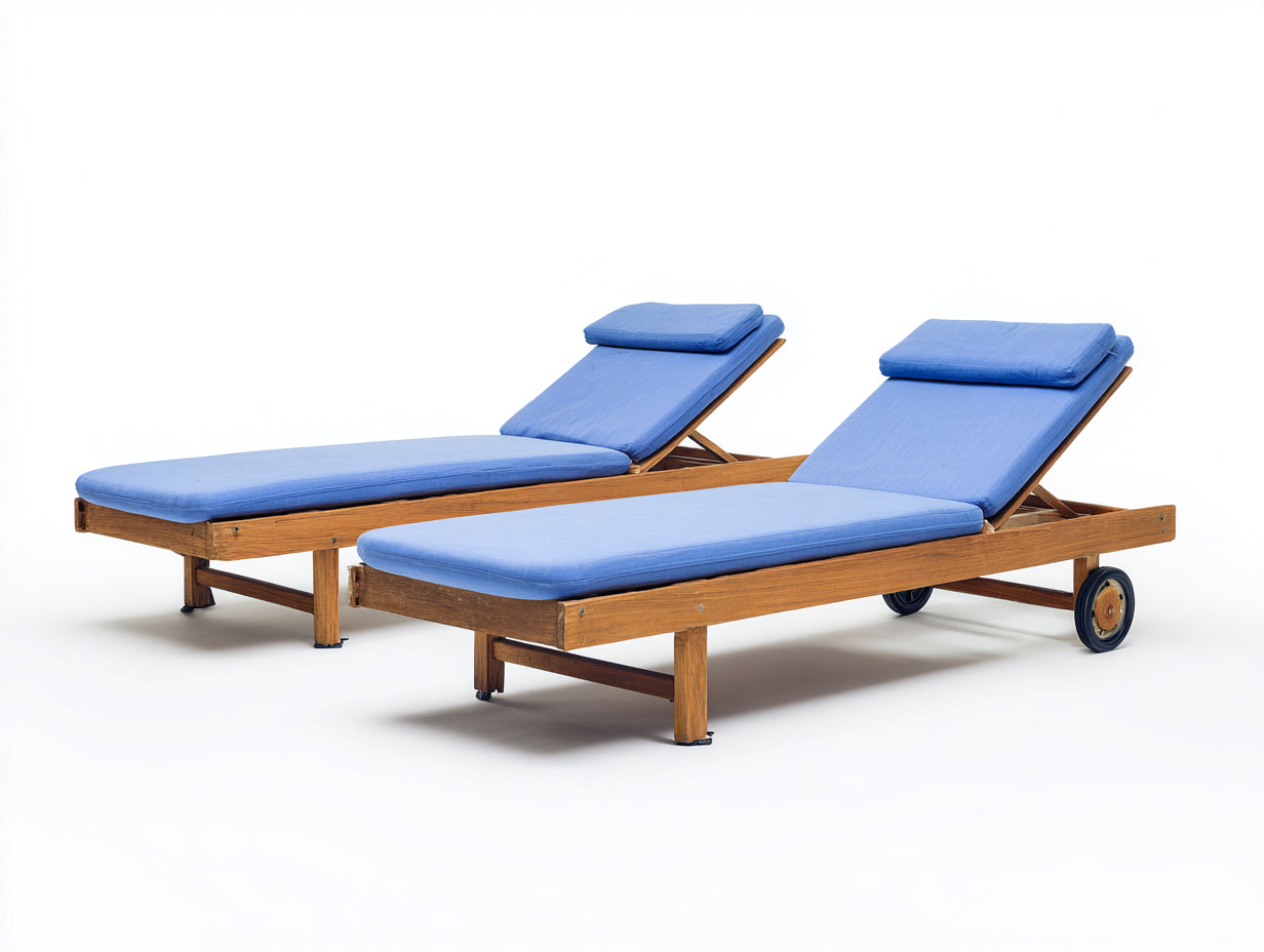 Tumbonas de madera 200x75x95 cm - natural-azul - conjunto reclinable con ruedas