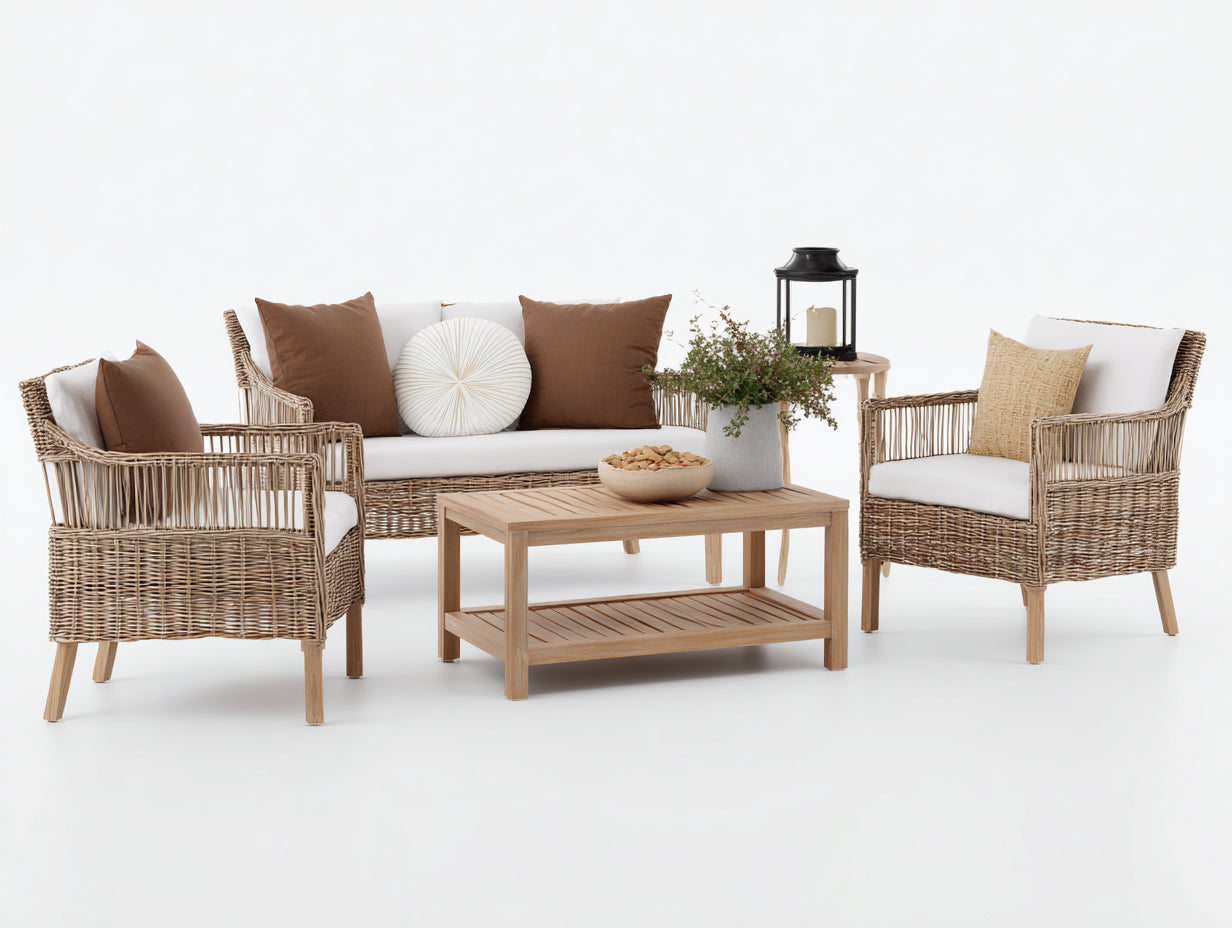 Sofás de exterior ratán 215x78x82 cm natural para jardín - conjunto con mesa