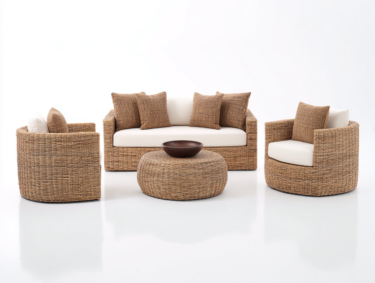 Sofás de exterior ratán 190x82x78 cm natural para jardín - conjunto lounge con mesa redonda