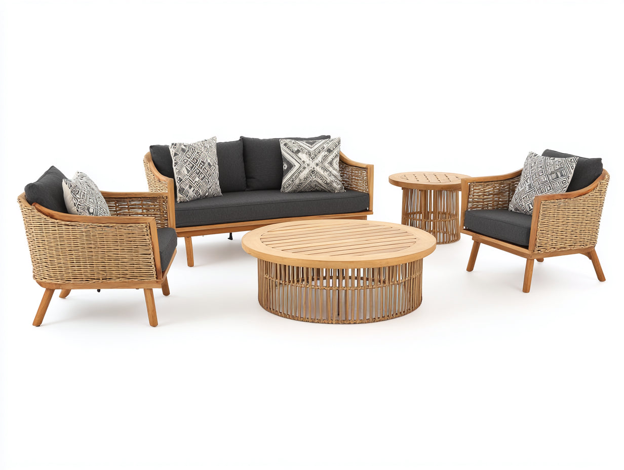 Sofás de exterior de madera y ratán 240x180x80 cm - natural-antracita - conjunto contemporáneo con mesas