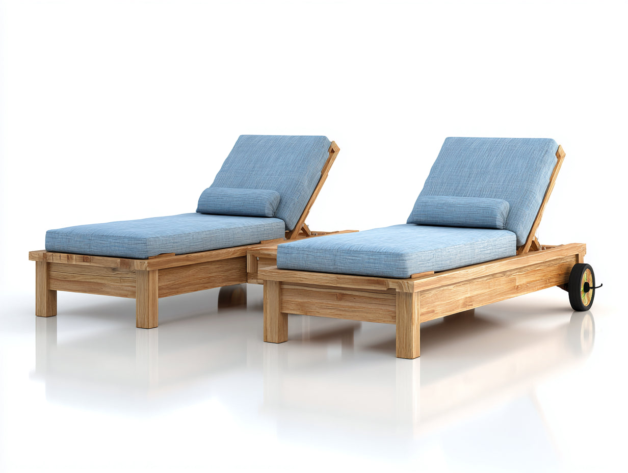 Tumbonas madera 205x72x86 cm natural y azul para jardín - conjunto reclinable con ruedas