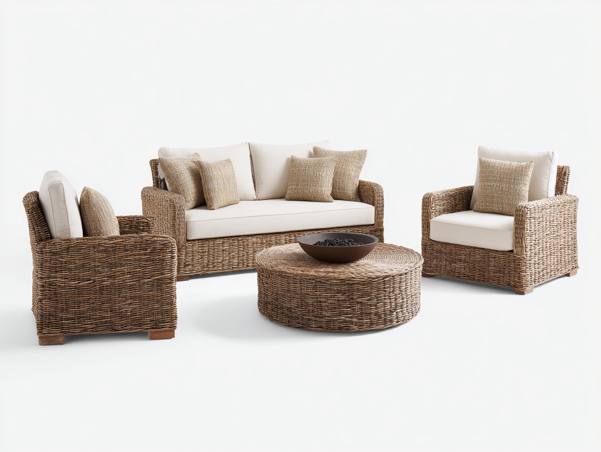 Sofás de exterior de ratán y tela 280x210x78 cm - marrón-beige - conjunto modular con mesa
