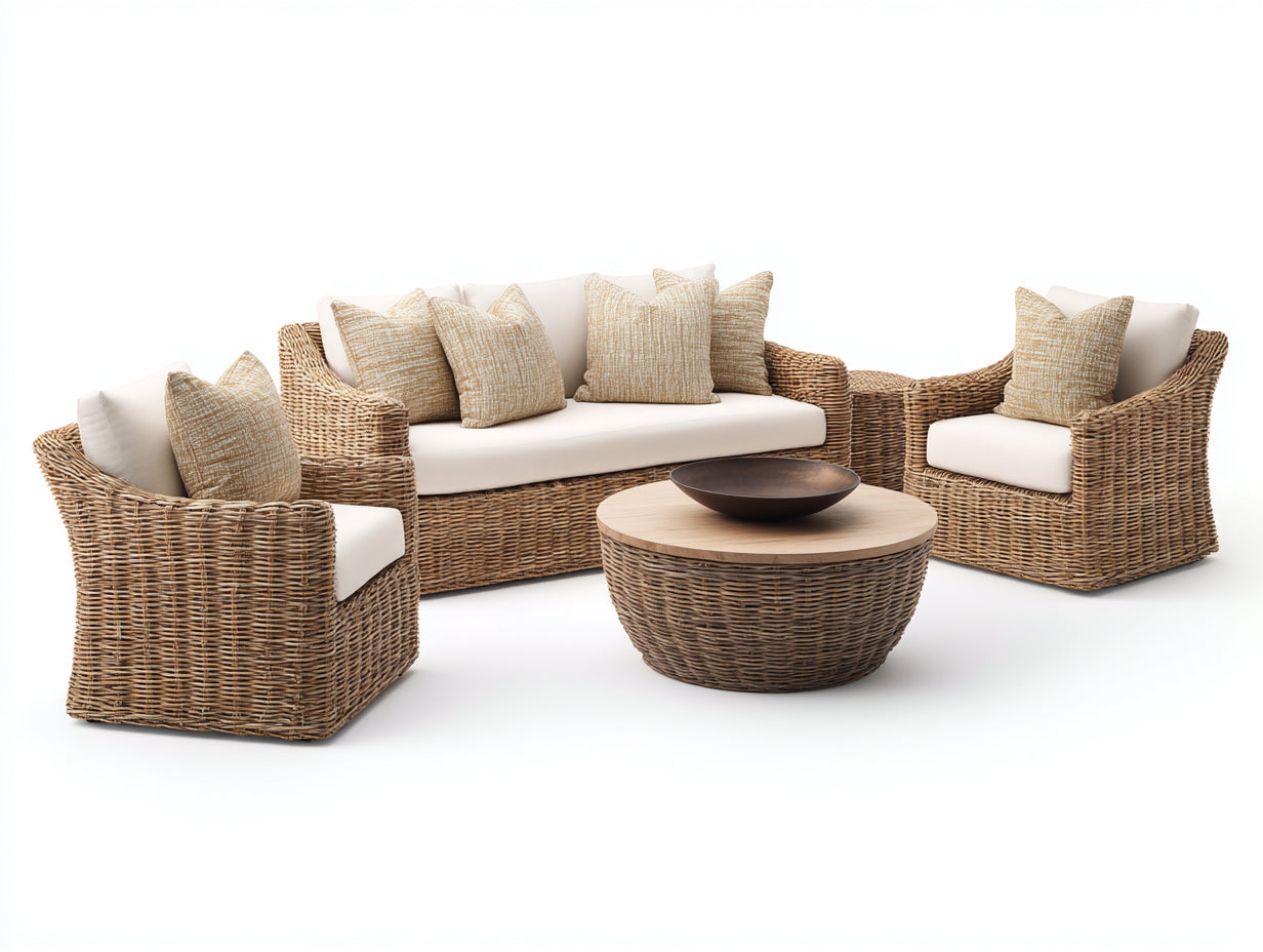 Sofás de exterior 220x85x82 cm - ratán sintético marrón y cojines beige - conjunto de jardín estilo natural