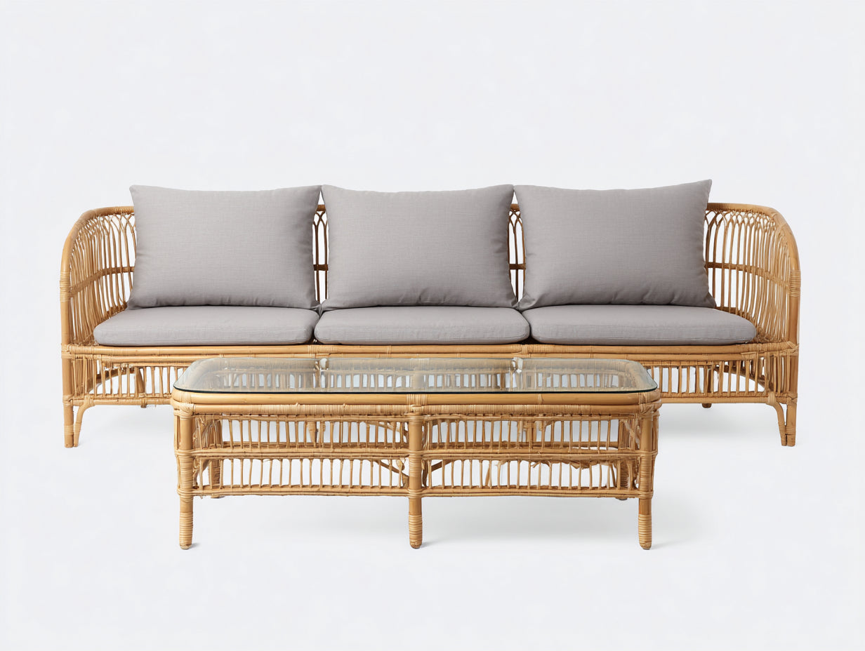 Sofás de exterior 210x78x82 cm - ratán natural y mesa con vidrio - conjunto de jardín estilo bohemio