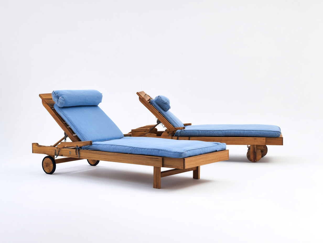Tumbonas madera 200x70x88 cm marrón y azul para jardín - conjunto reclinable con ruedas