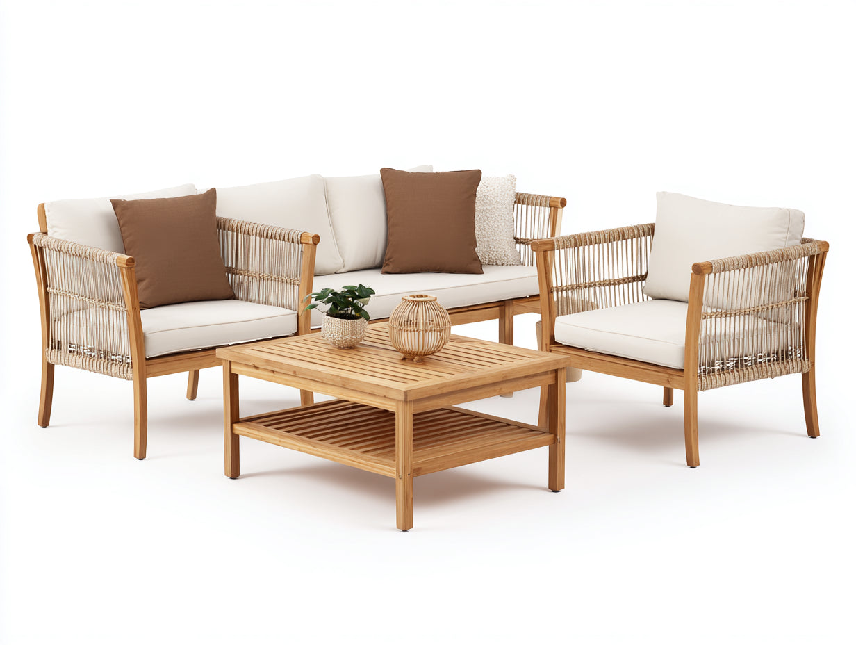 Sofás de exterior de madera y cuerda 220x180x75 cm - natural-beige - conjunto moderno con mesa